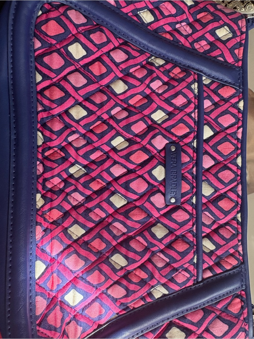 Vera Bradley Pink Geometric Quilted Crossbody with Navy Trim